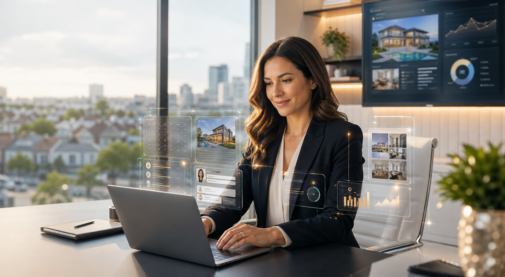 Luxury desk with red notebook and AI real estate workspace.